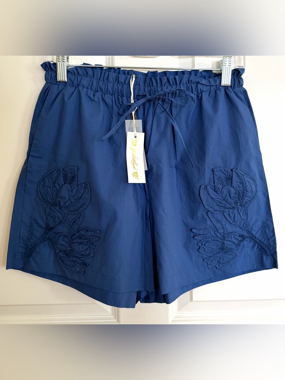 Gold Hawk Navy Blue Paper bag Embroidered Drawstring Shorts
